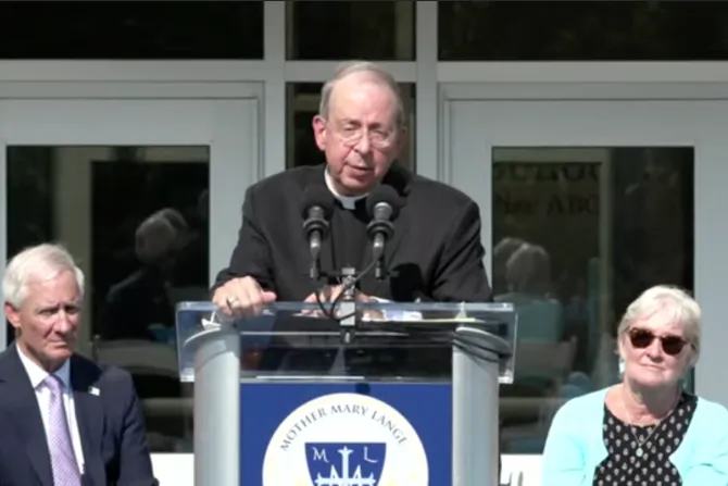 Archbishop William Lori of Baltimore speaks at the grand opening and blessing ceremony of Mother Mary Lange Catholic School in Baltimore, Md., Aug 6, 2021.